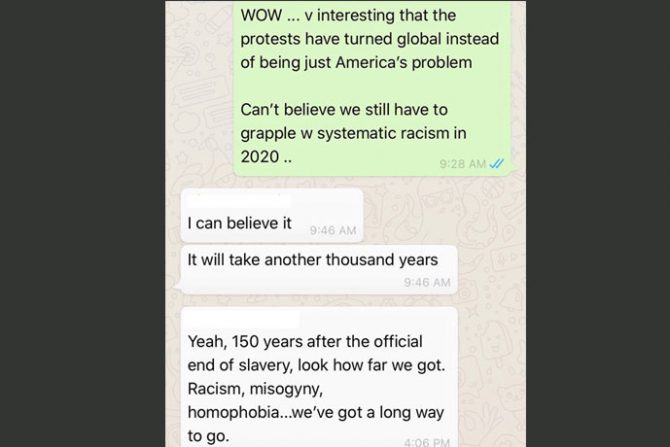 WhatsApp texts about racism