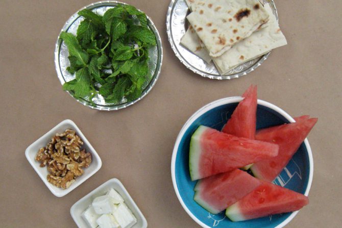 watermelon breat feta cheese mint walnuts make Persian deconstructed watermelon sandwich