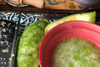 Green melon slushy with grater - messy food prep shot