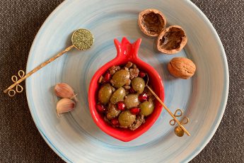 Olive walnut pomegranate Persian vegan appetizer | Zaytoon Parvardeh