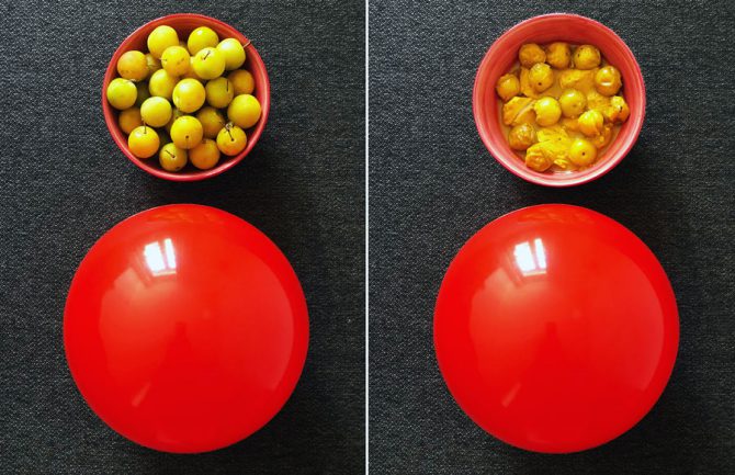 Red ball & bowl of fresh yellow plums collaged with red ball and bowl of plum & chicken Persian stew